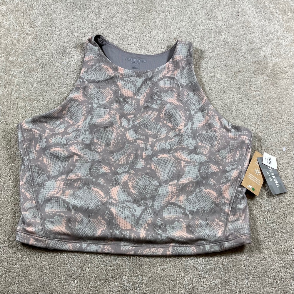 Joe Fresh Active Tank Womens XL Grey Pink Snakeskin High Neck Racerback Cropped